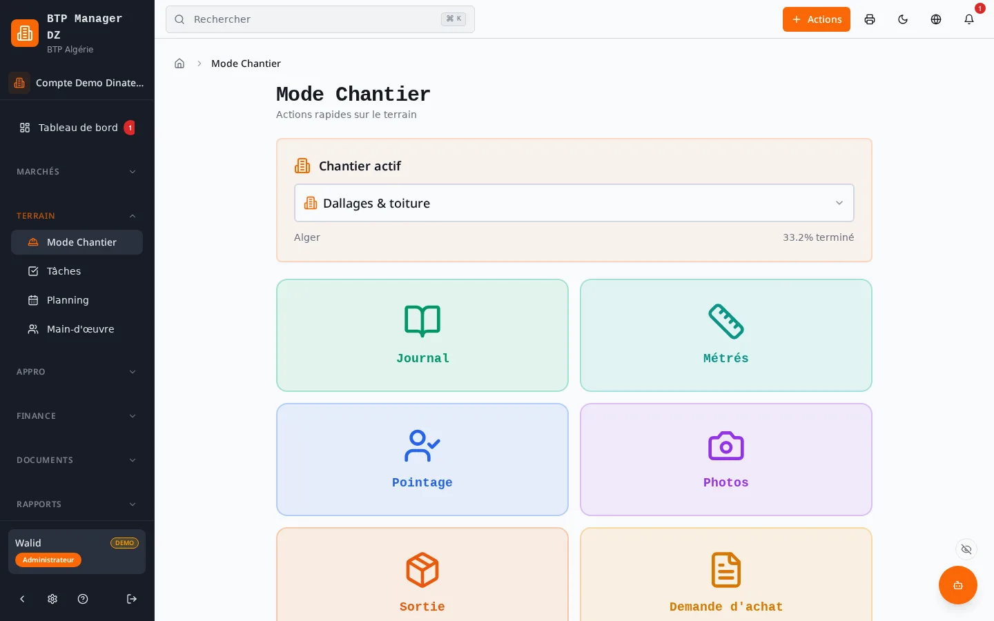 Mode Chantier — hub chantier